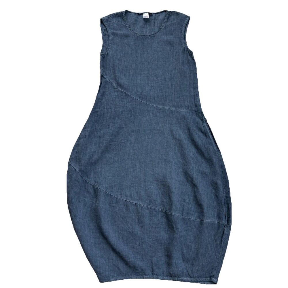 Elemente Clemente Lagenlook Sleeveless 100% Linen Midi Dress Size 0  XS/S Blue